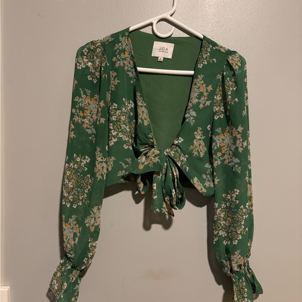 J.O.A. Green Floral Blouse with Tie Front